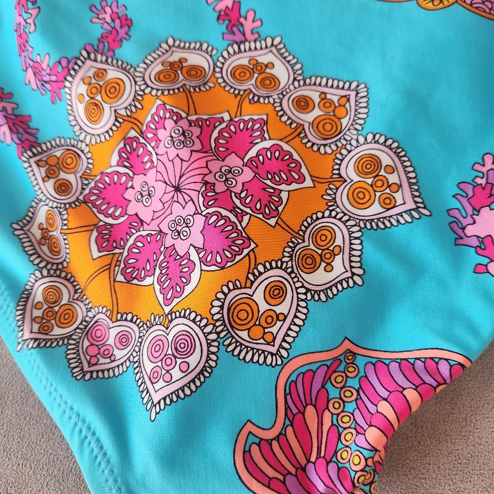 Trina Turk bikini bottom 10 Meilani turquoise pink floral cheeky boho new $88